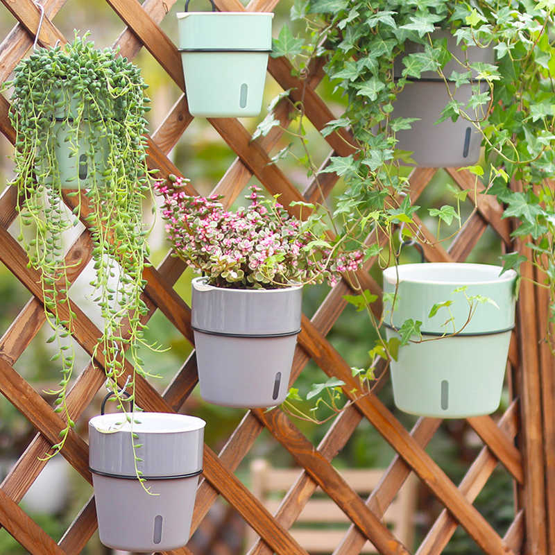 Wall Hanging Self Watering Flower Pot, Indoor Plastic Planter With Cotton Rope & Hanging Stand, Stand & Container For Water, Self Watering Style Lazy Pot & Iron Stand My Store