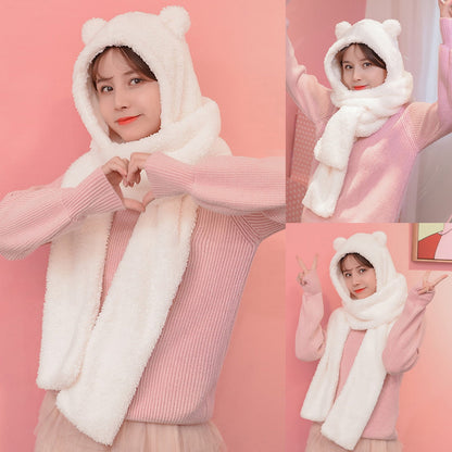 Winter Faux Fur Plush Hood Hat Scarf and Gloves Mittens Long Hooded Shawl