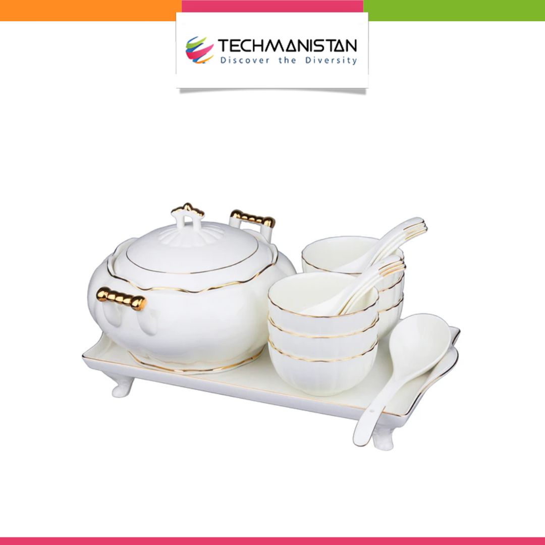 15-Pieces White Porcelain Set with Gold Rim