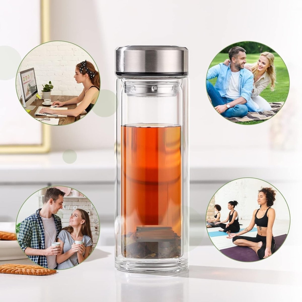 500ml Double Wall Glass Coffee Tumbler With Strainer & Lid - Techmanistan