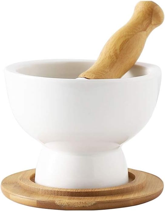 Ceramic Mortar and Pestle Set with Bamboo Lid