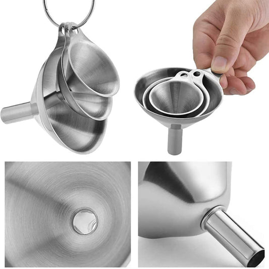 3Pcs Stainless Steel Kitchen Funnel Set with Cleaning Brush – Large, Medium & Small