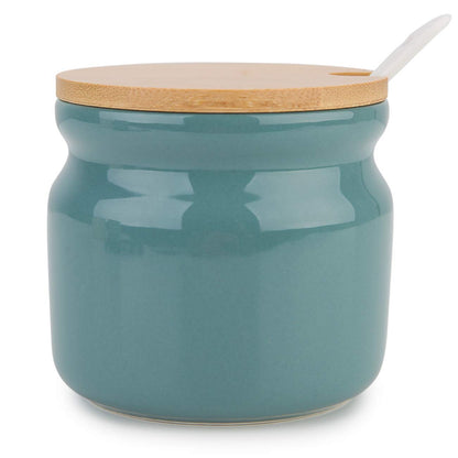 Ceramic Sugar Pot with Spoon & Wooden Lid