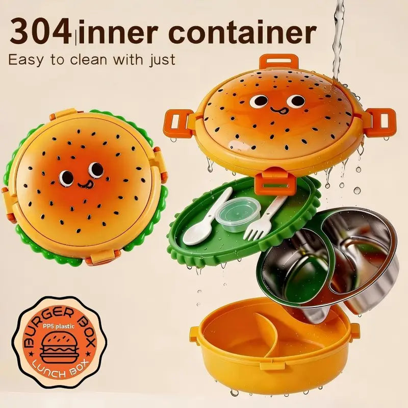 Burger Shaped 2-Compartments Bento Box with Steel Cutlery