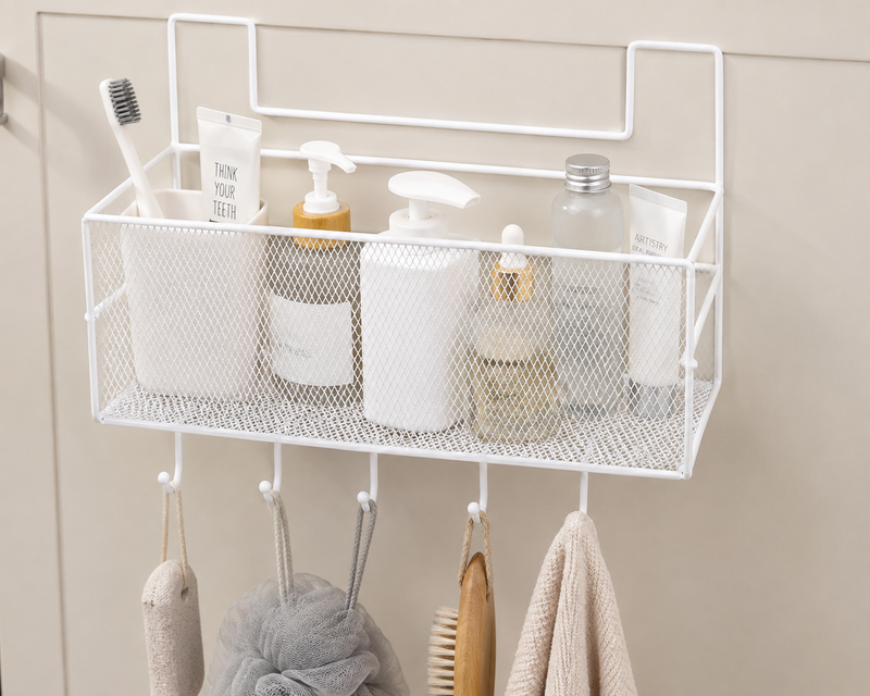 Hanging Storage Basket with 5 Hooks – Wall-Mount Mesh Organiser (26×13.5×20 cm)