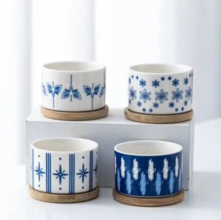 Set of 4 - Cylindrical Mini Ceramic Succulent Planters with Bamboo Tray - Blue & White Pattern