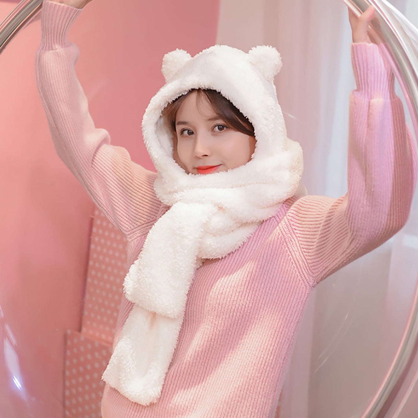 Winter Faux Fur Plush Hood Hat Scarf and Gloves Mittens Long Hooded Shawl