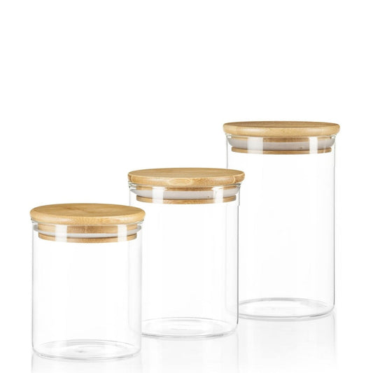 Set of 3 - Kitchen Glass Jars With Wooden Bamboo Lids Techmanistan