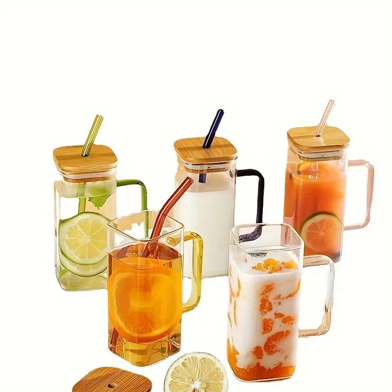 400ml Square Glass Mug With Handle, Straw & Wooden Lid