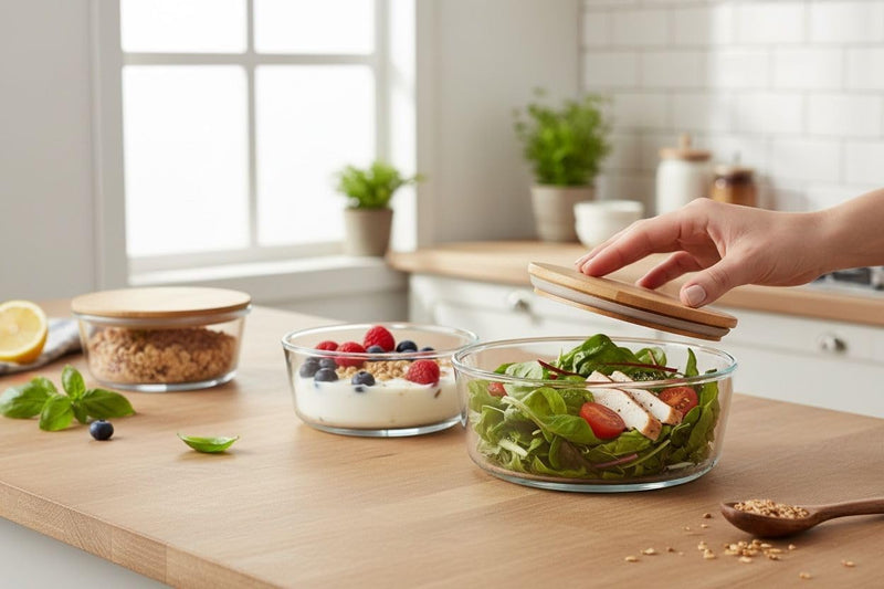 Set of 3 Glass Oven-Safe Containers with Bamboo Wooden Lids