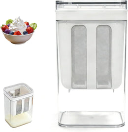 Clear kitchen storage container with mesh lid and small white container on a white background