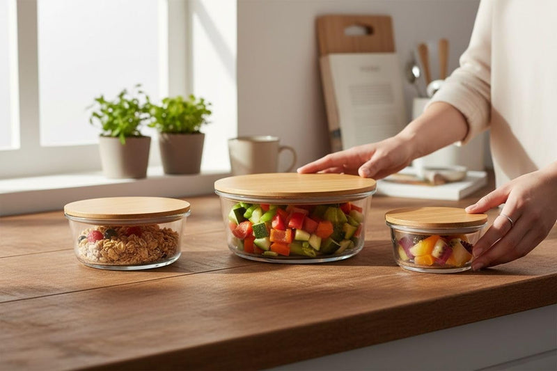 Set of 3 Glass Oven-Safe Containers with Bamboo Wooden Lids