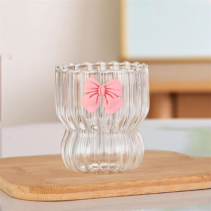 Pink Bow Glass Cup with Striped Design Techmanistan