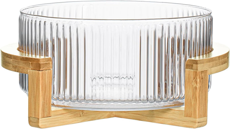 Ribbed Glass Salad Bowl with Wooden Stand, Mixing Bowl