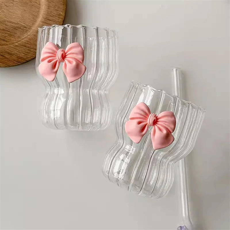 Pink Bow Glass Cup with Striped Design Techmanistan