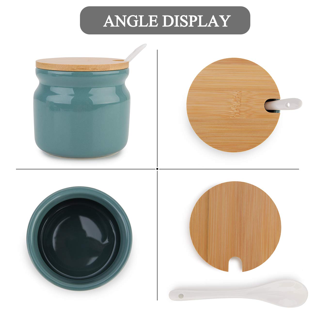 Ceramic Sugar Pot with Spoon & Wooden Lid