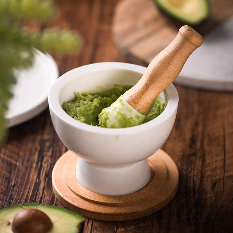 Ceramic Mortar and Pestle Set with Bamboo Lid