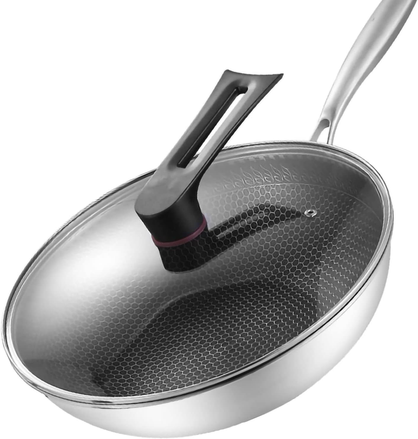 Double Sided Honeycomb Print Laser Coated Wok With Handle & Lid Techmanistan