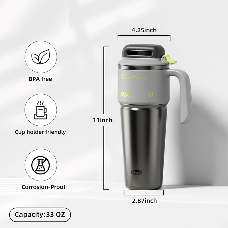 1L Stainless Steel Thermal Mug with Push-button Lid, Straw and Handle