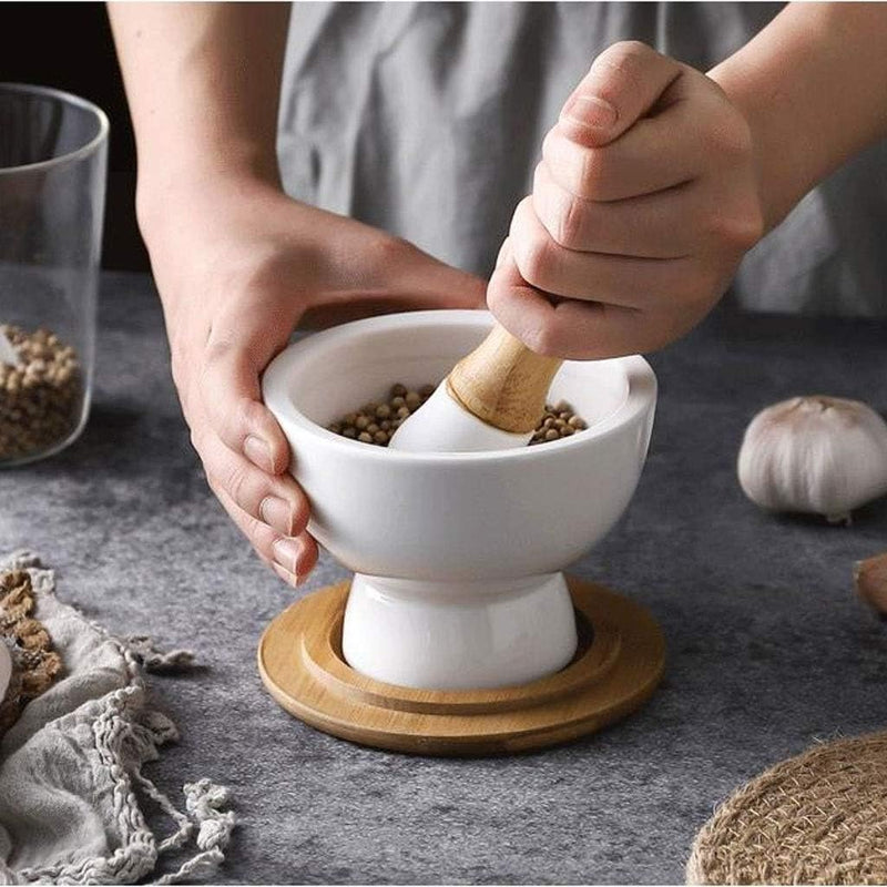 Ceramic Mortar and Pestle Set with Bamboo Lid