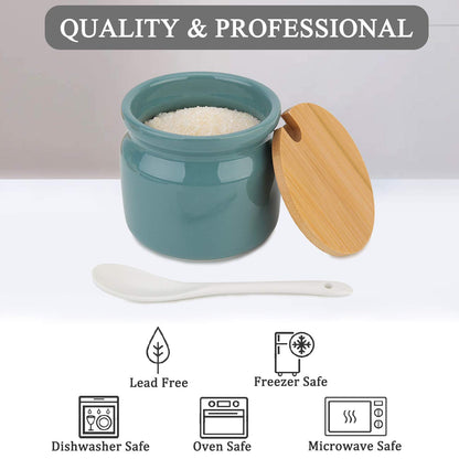 Ceramic Sugar Pot with Spoon & Wooden Lid