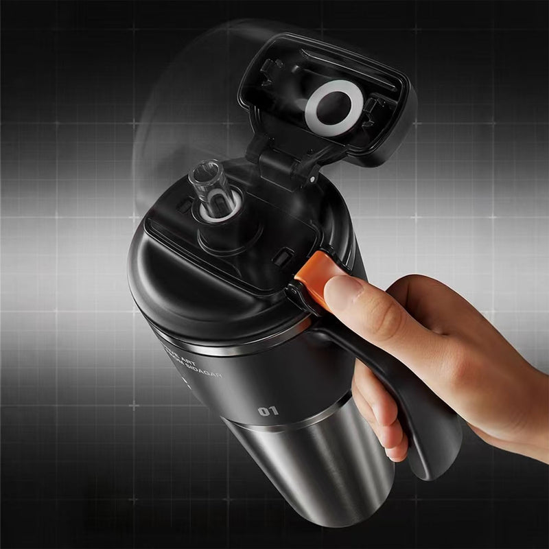 1L Stainless Steel Thermal Mug with Push-button Lid, Straw and Handle
