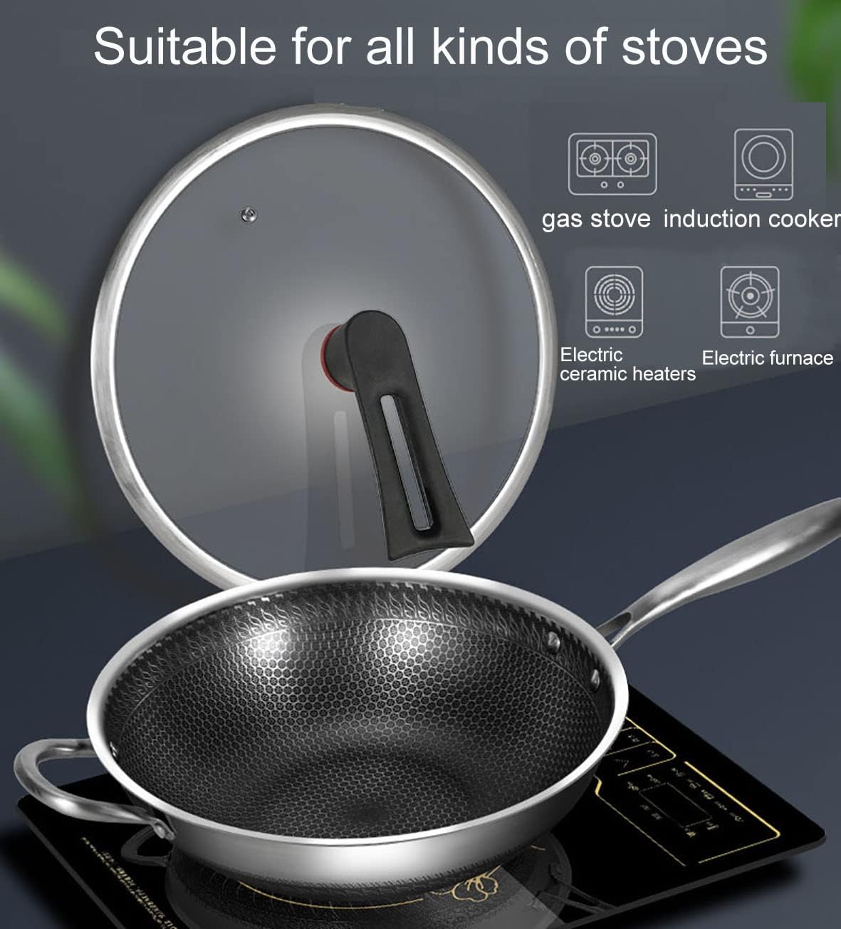 Double Sided Honeycomb Print Laser Coated Wok With Handle & Lid Techmanistan