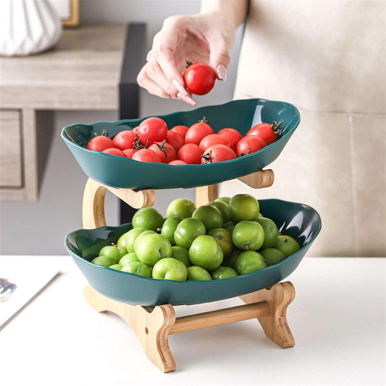 2-Tier Serving Tray with Wooden Rack