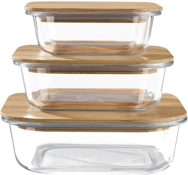Set of 3 Glass Oven-Safe Containers with Bamboo Wooden Lids