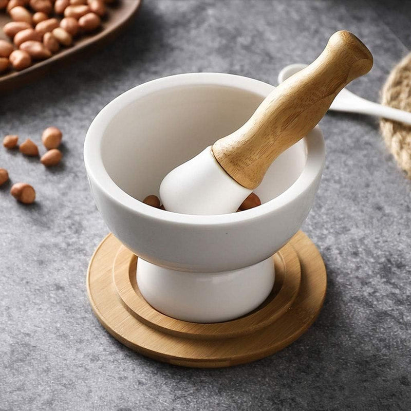 Ceramic Mortar and Pestle Set with Bamboo Lid