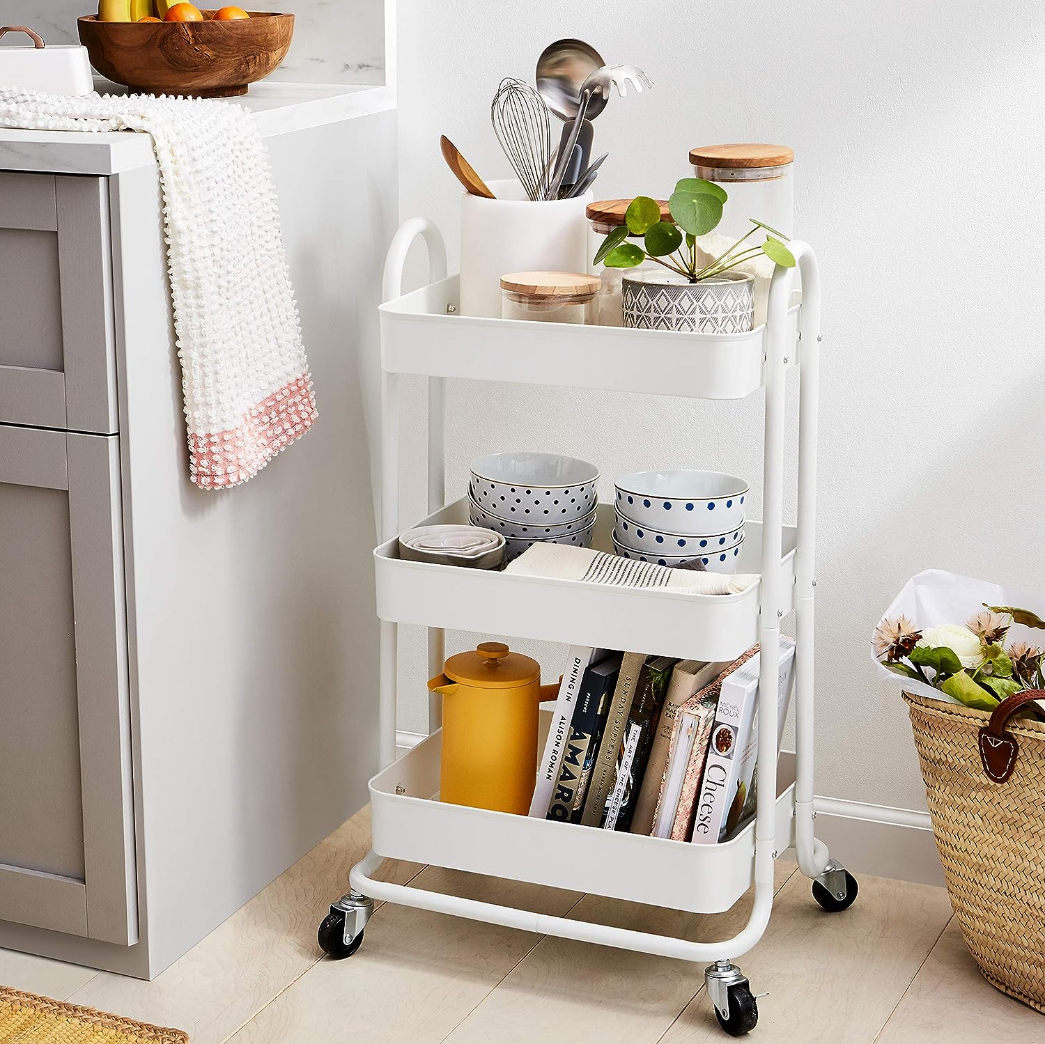 3-Tier Wheeled Mesh Base Rolling Kitchen Trolley Cart