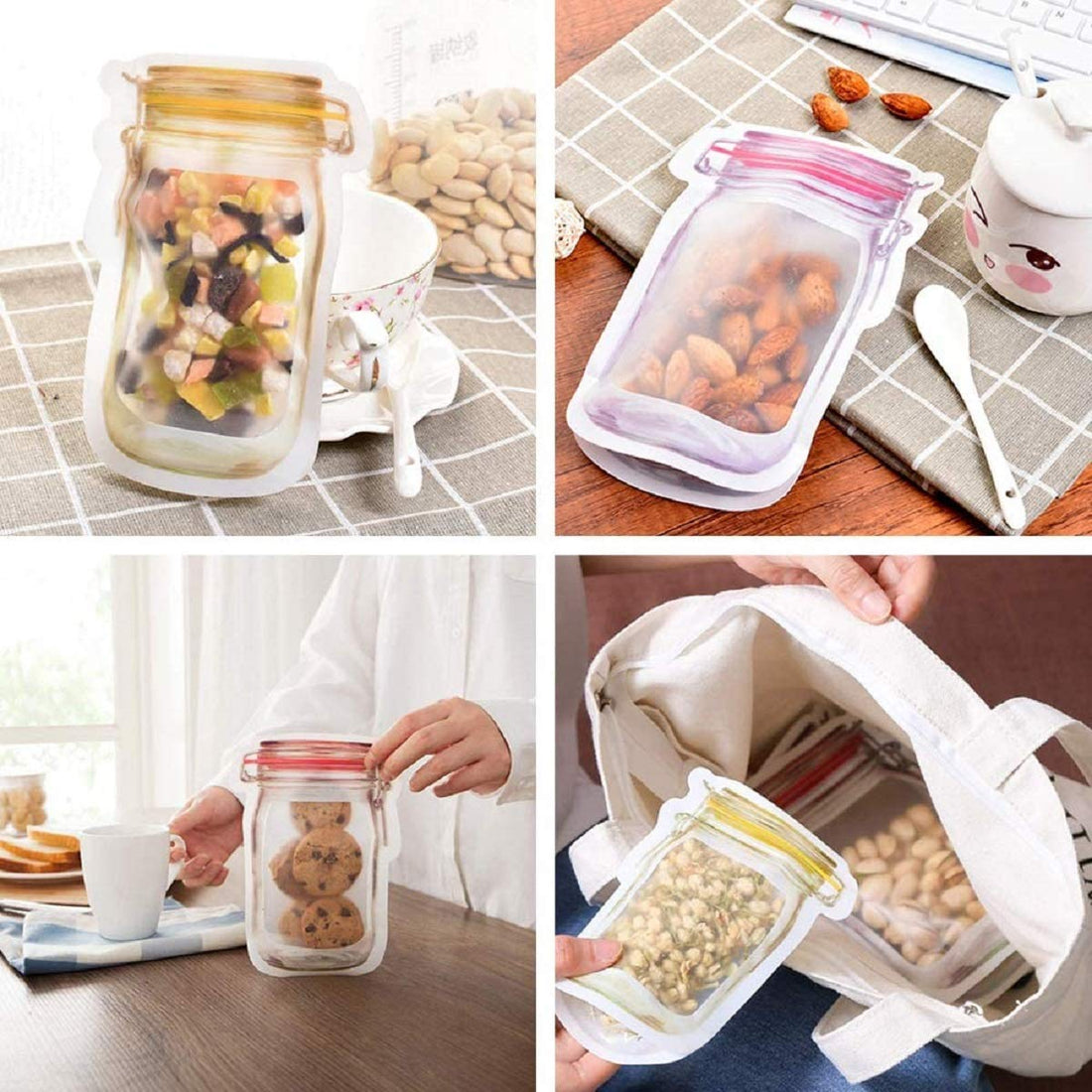 Set of 3 - Reusable Transparent Mason Jar Pattern Zipper Airtight Seal Bags Reusable Portable Food Saver Storage Bags for Travel Picnic Camping, Standup Zip Lock Seal Food Saver Leakproof Storage Bag