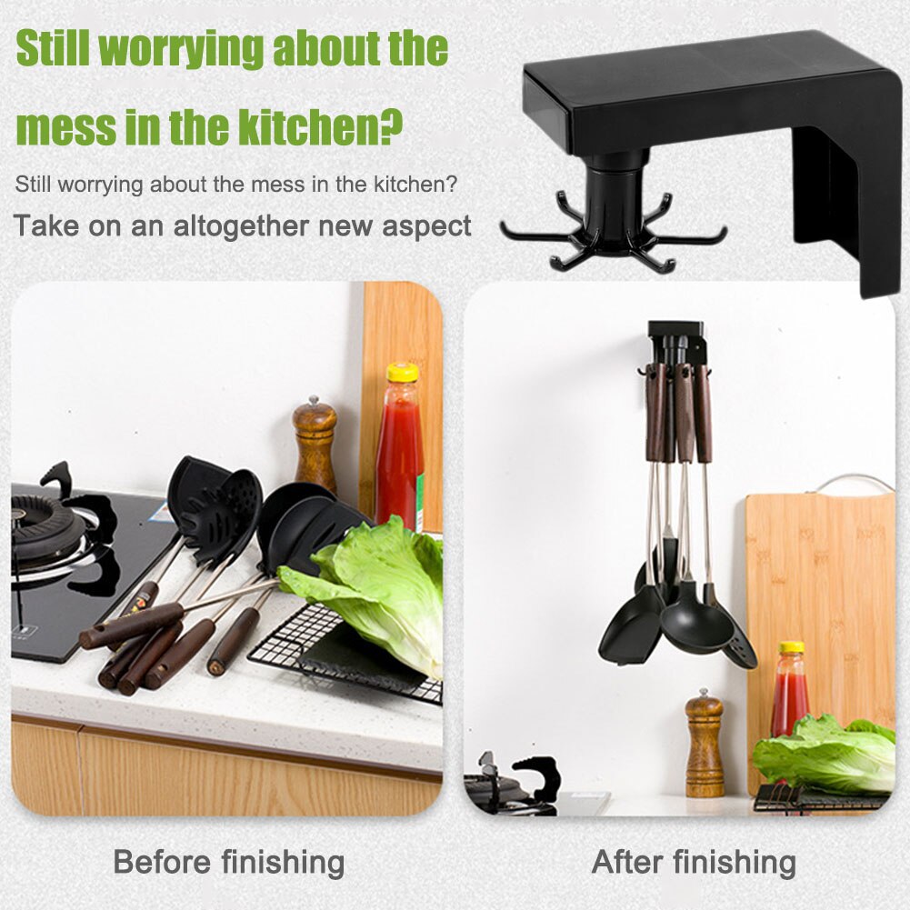 Wall Mounted Self Adhesive Kitchen 360? Rotating 6 Hooks Storage Rack Cooking Utensils Holder For Kitchen Hanging Cabinet Kitchen Tool Towel Spoon Pan Pots Organizer, Cooking Utensils Kitchenware Collecting Hanger