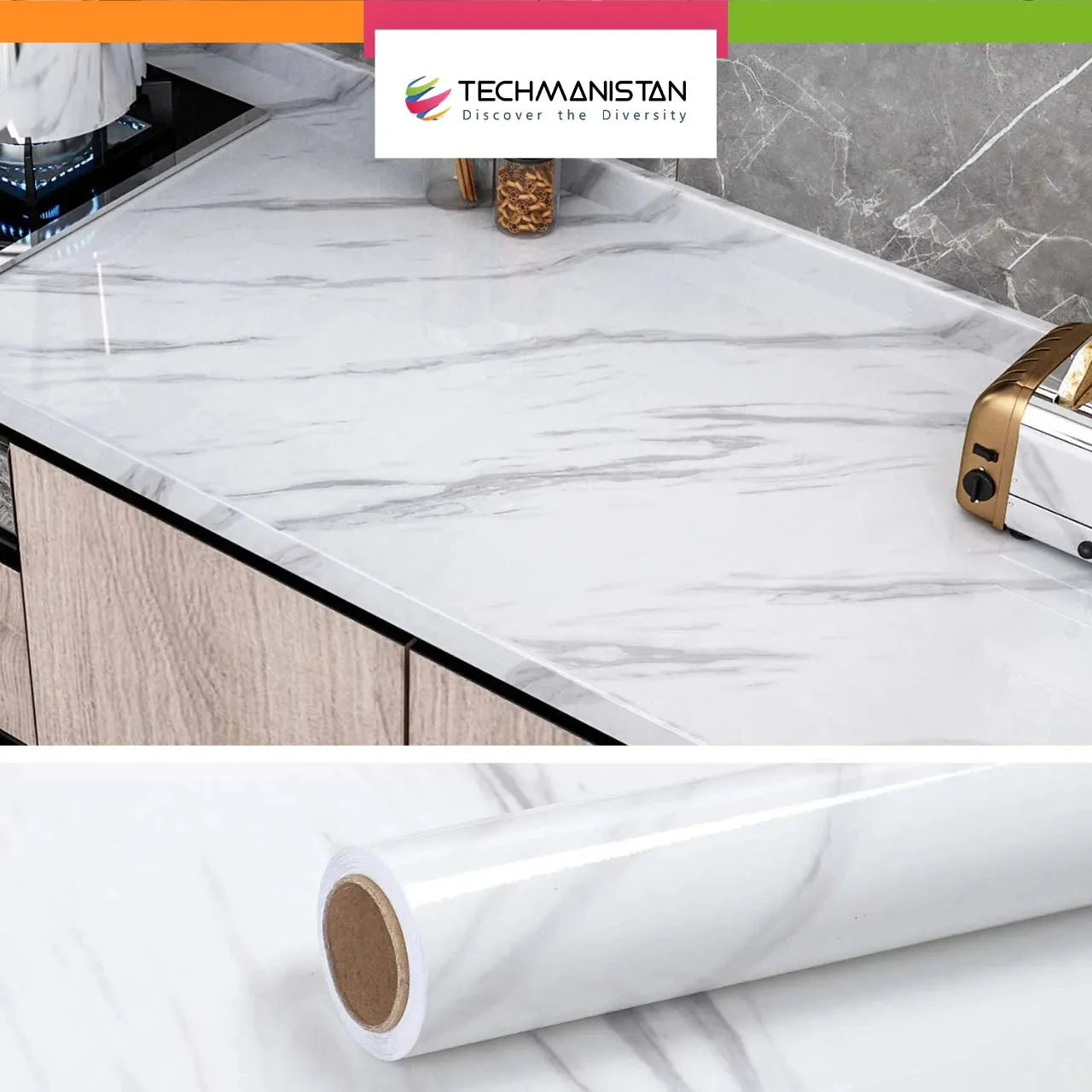 Self Adhesive Marble Design Furniture Stickers PVC Wallpaper Cabinets Gloss Film Techmanistan