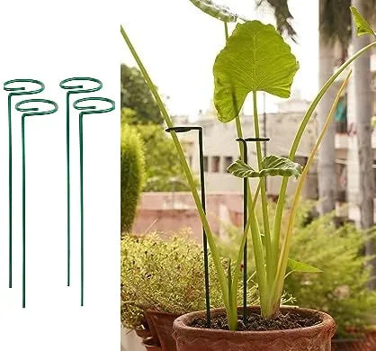 Three green, metal Techmanistan 20 Inches Long Plant Support Stakes with circular tops are displayed beside a potted plant. The stakes are shown inserted into the pot to support upright stems. The background shows an outdoor setting with buildings and greenery, making it perfect for both indoor plants and outdoor gardens.