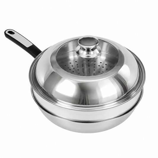 34cm Double Sided Laser Coated Stainless Steel Wok with Steamer