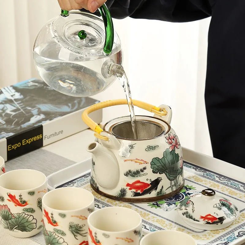 7 Pieces Ceramic Teapot & Cups Set - Random Designs - Techmanistan in Pakistan