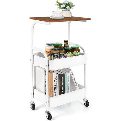 3-Tier Metal Rolling Cart with Wooden Top