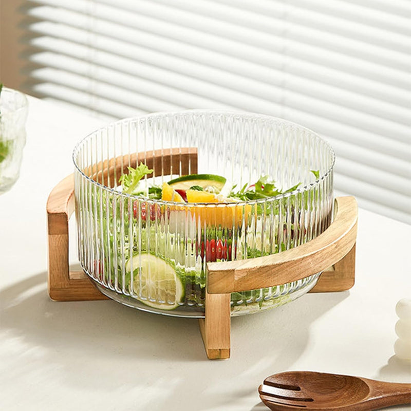 Ribbed Glass Salad Bowl with Wooden Stand, Mixing Bowl