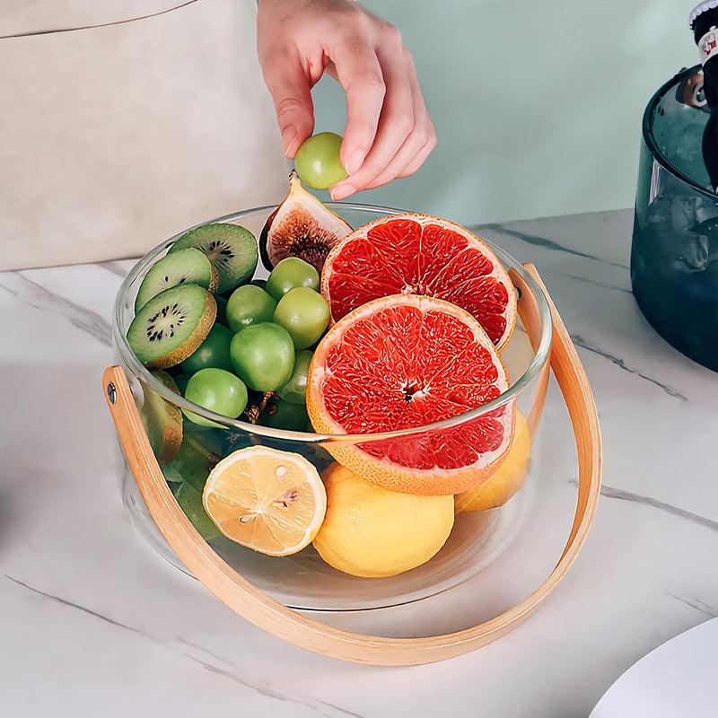 2200ml Nordic Style Glass Basket with Wooden Handle & Divider