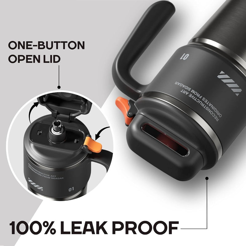 1L Stainless Steel Thermal Mug with Push-button Lid, Straw and Handle