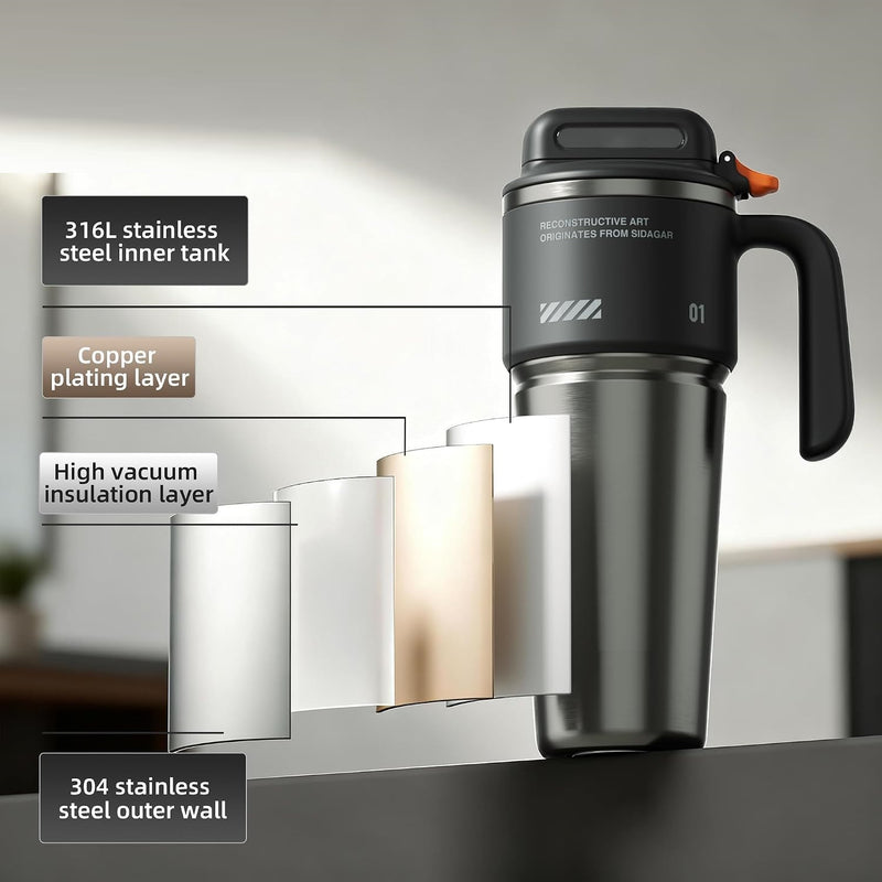 1L Stainless Steel Thermal Mug with Push-button Lid, Straw and Handle