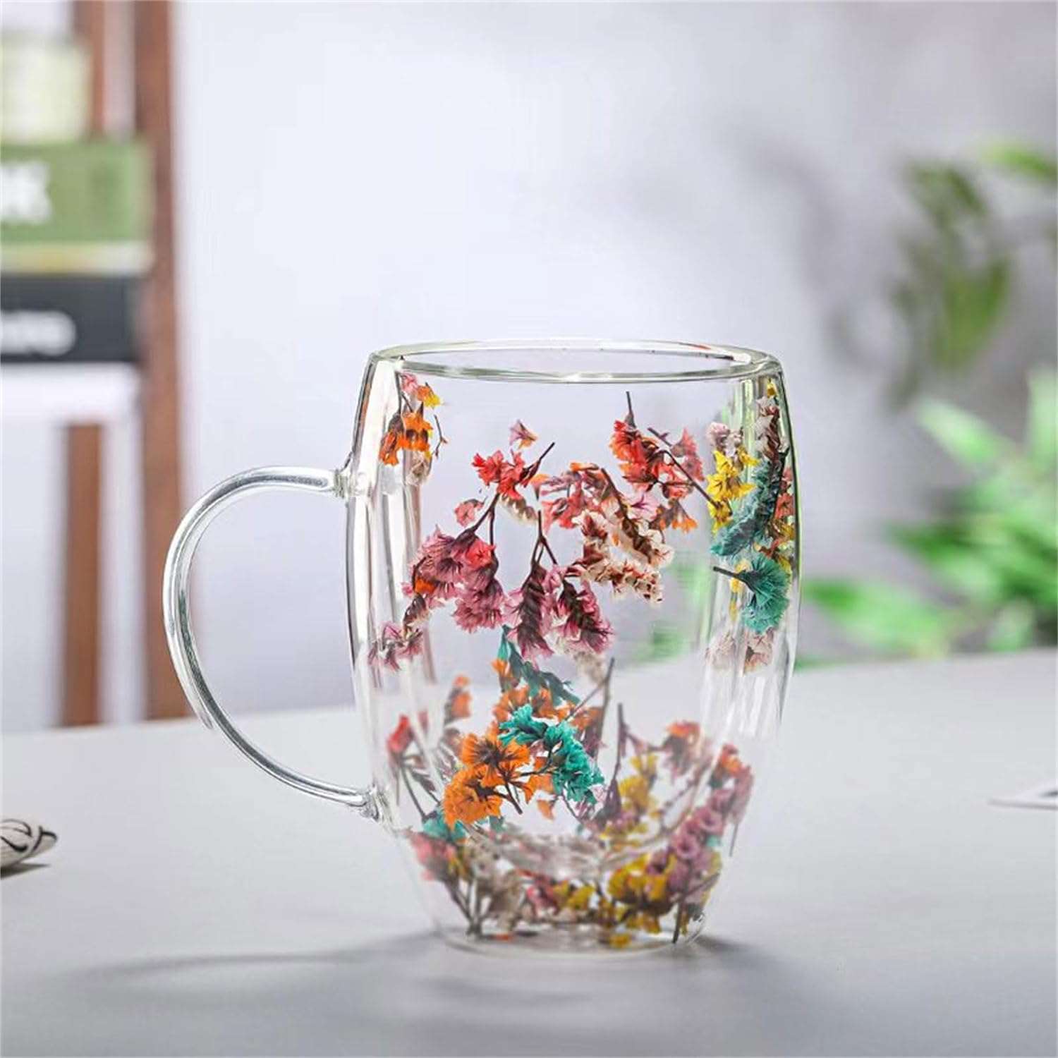 350ml Double Wall Glass Mug with Dry Flowers