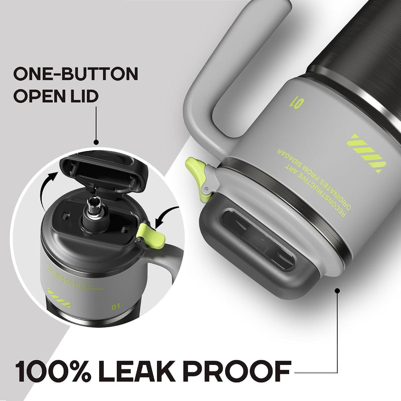1L Stainless Steel Thermal Mug with Push-button Lid, Straw and Handle