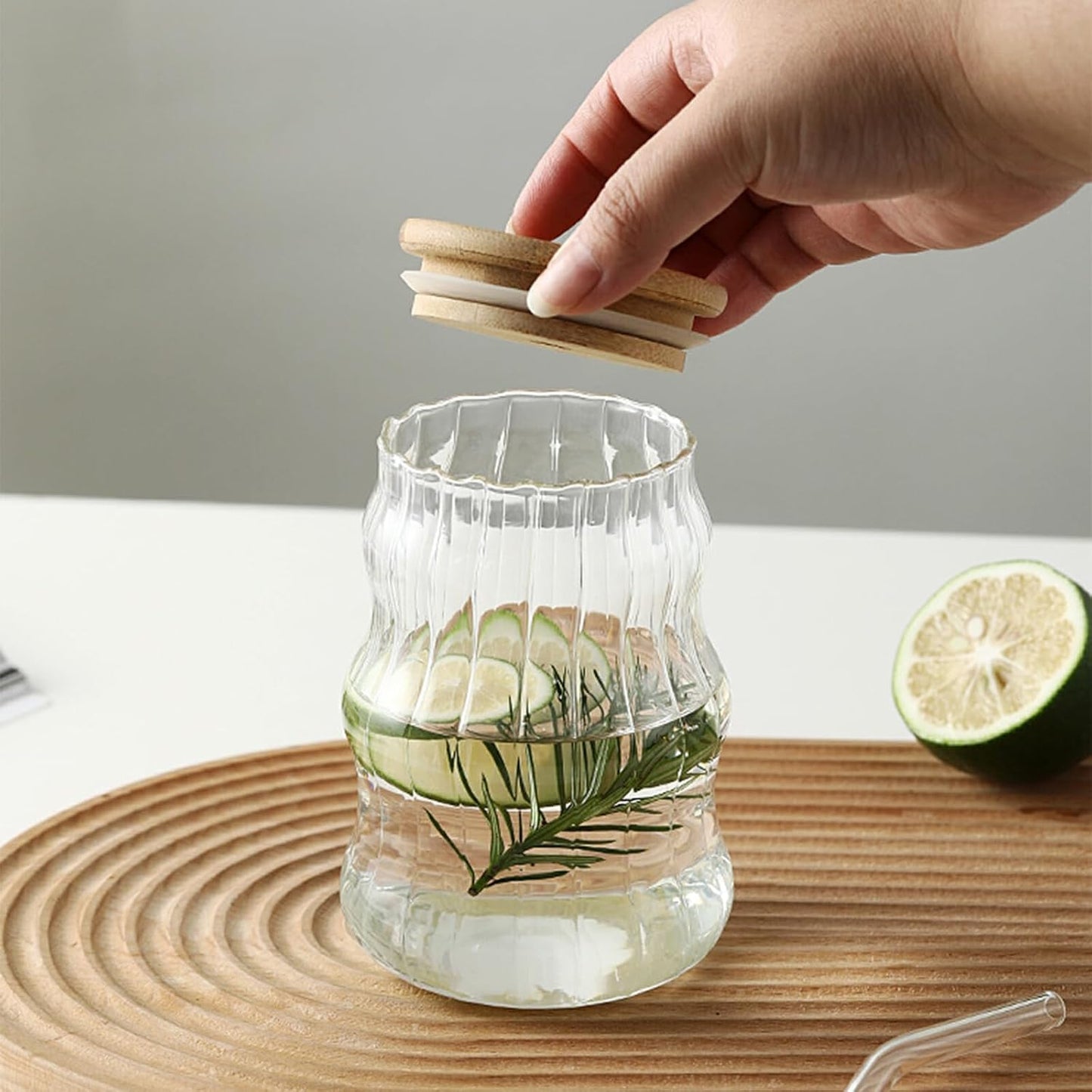 Glass Tumbler with Bamboo Lids and Glass Straw Techmanistan