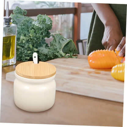 Ceramic Sugar Pot with Spoon & Wooden Lid