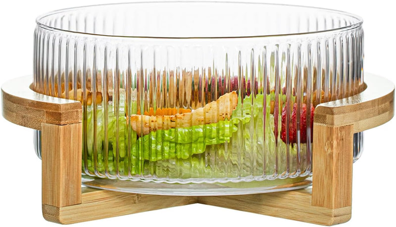 Ribbed Glass Salad Bowl with Wooden Stand, Mixing Bowl