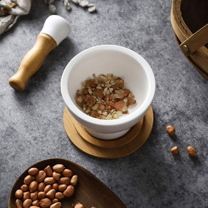 Ceramic Mortar and Pestle Set with Bamboo Lid