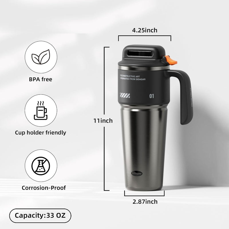 1L Stainless Steel Thermal Mug with Push-button Lid, Straw and Handle