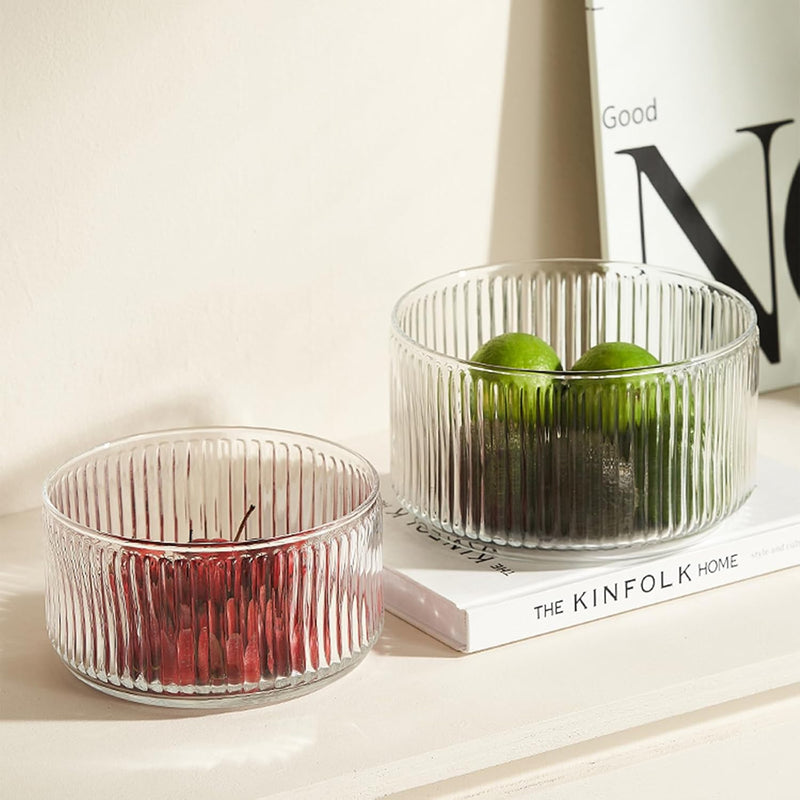 Ribbed Glass Salad Bowl with Wooden Stand, Mixing Bowl